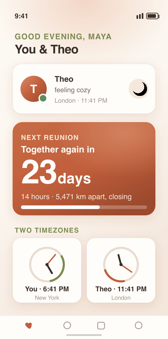 The Close Couples home screen: a partner's mood and local time, today's question, and a countdown to the next reunion.