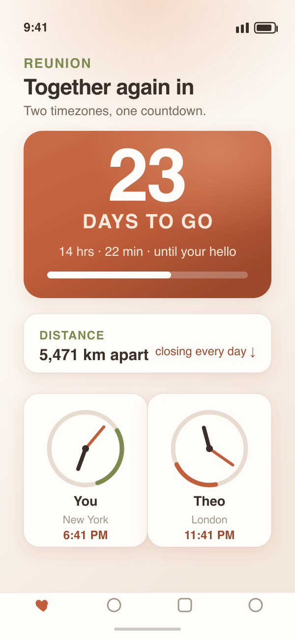 The reunion countdown with two clocks and an approximate distance between you.