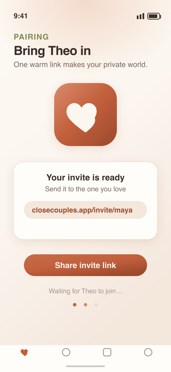 The Close Couples pairing screen — a warm invite link to bring your partner in.