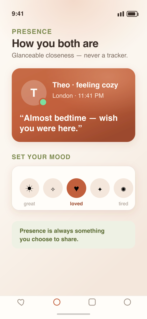 The presence screen showing your partner's current mood and their local time.