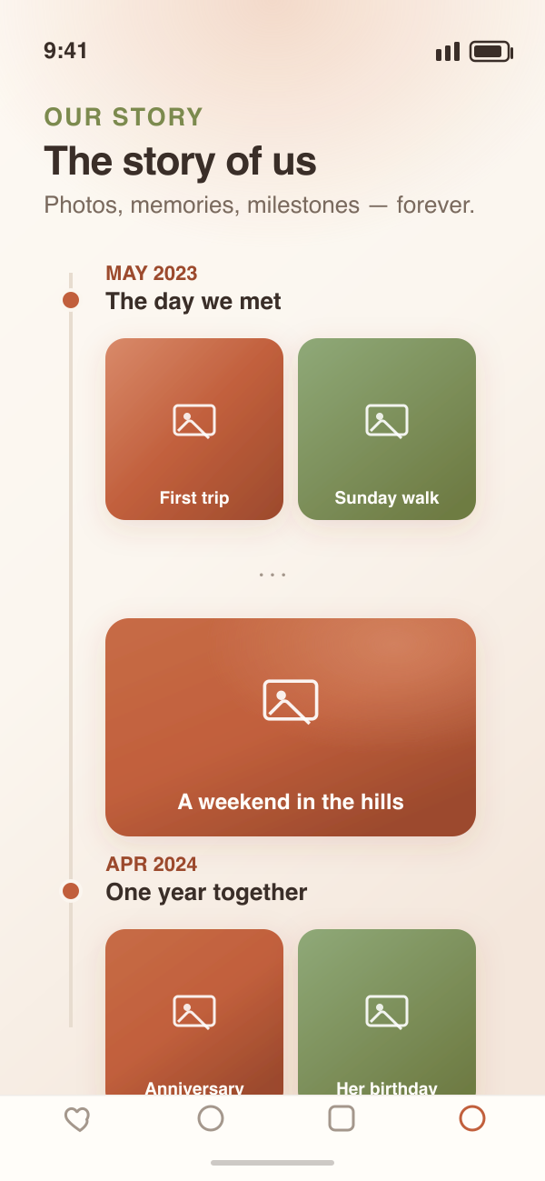 The Our Story photo timeline of memories and milestones.